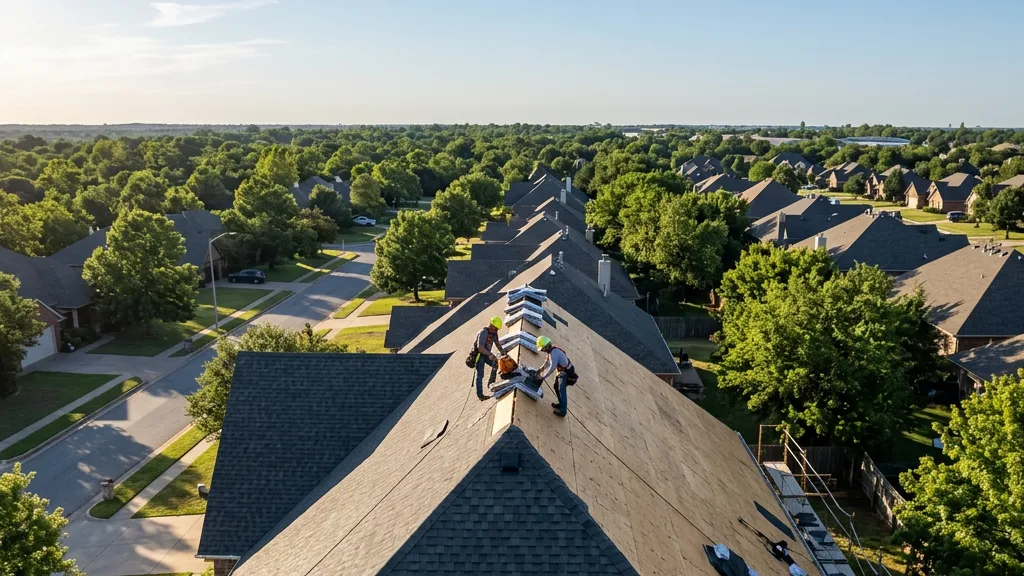 Aerial view of a completed roof replacement on a Tulsa home
